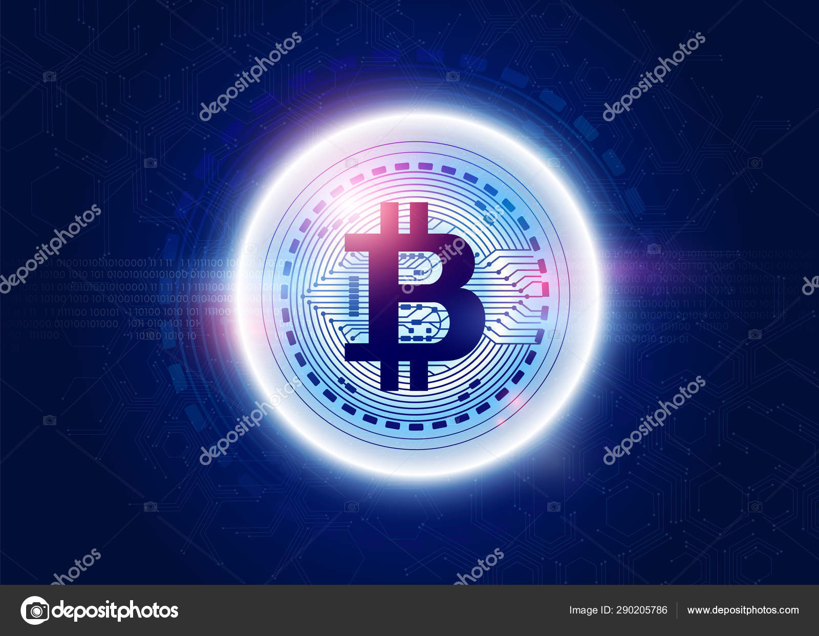 비트 코인 디지털 통화, 미래 지향적 인 디지털 돈, 기술 전 세계 네트워크 개념, 사이버 공간, 벡터 . 파란색 배경의 비즈니스 및  기술 개념. 스톡 벡터 - ©maria_amd 290205786