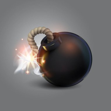 Kıvılcımlı Kara Bomba.gerçekçi bomba 3d. Karikatür. Koyu arka plan,simge, soyut illüstrasyon.şenlikli ışık bulutları