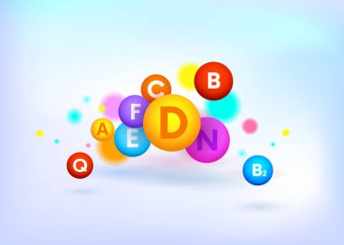 Vitamin Kompleksi Renkli Vektör topları. A,B,C,D,F,E,N,Q. Tıbbi arka plan. Tıbbi Infographics.Vector