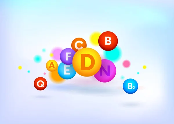 Vitamin Kompleksi Renkli Vektör topları. A,B,C,D,F,E,N,Q. Tıbbi arka plan. Tıbbi Infographics.Vector