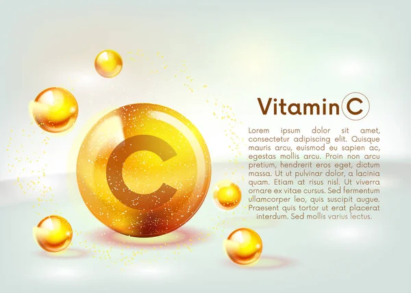 C vitamini altın parlayan simgesi. Askorbik asit. Parlayan altın madde damlası. Beslenme cilt bakımı. Vektör.
