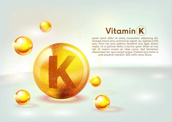 K vitamini altın parlayan simgesi. Askorbik asit. Parlayan altın madde damlası. Beslenme cilt bakımı. Vektör. — Stok Vektör