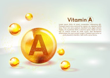 A vitamini altın parlayan simge. Askorbik asit. Parlayan altın madde damlası. Beslenme cilt bakımı. Vektör.