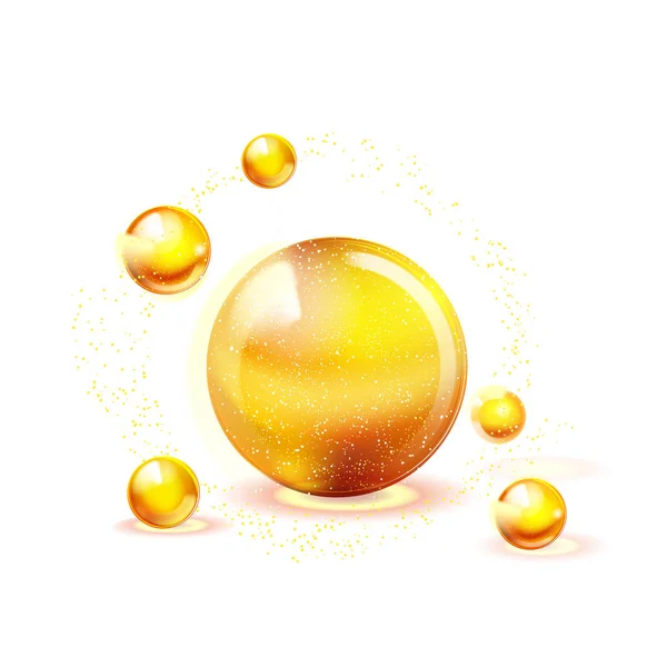 Vitaminok arany csillogó ikon. Aszkorbinsav. Csillogó arany anyag csepp. Tápanyag-összetételre bőrápolás. Orvosi háttér. Szépség. Vektor. — Stock Vector