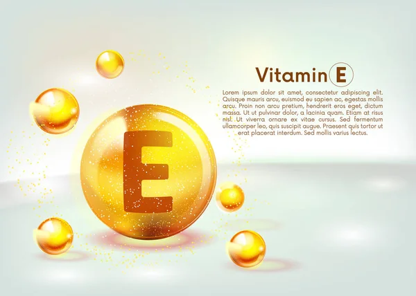 E vitamini altın parlayan simgesi. Askorbik asit. Parlayan altın madde damlası. Beslenme cilt bakımı. Vektör.