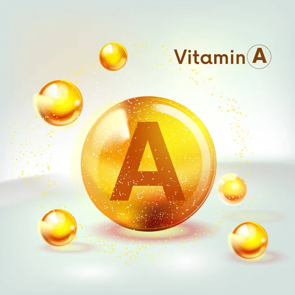 A vitamini altın parlayan simge. Askorbik asit. Parlayan altın madde damlası. Beslenme cilt bakımı. Vektör.