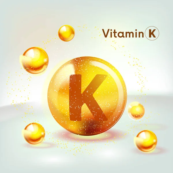 Vitamin K guld lysande ikon. Askorbinsyra. Lysande gyllene substans droppe. Nutrition hudvård. Vektor. — Stock vektor