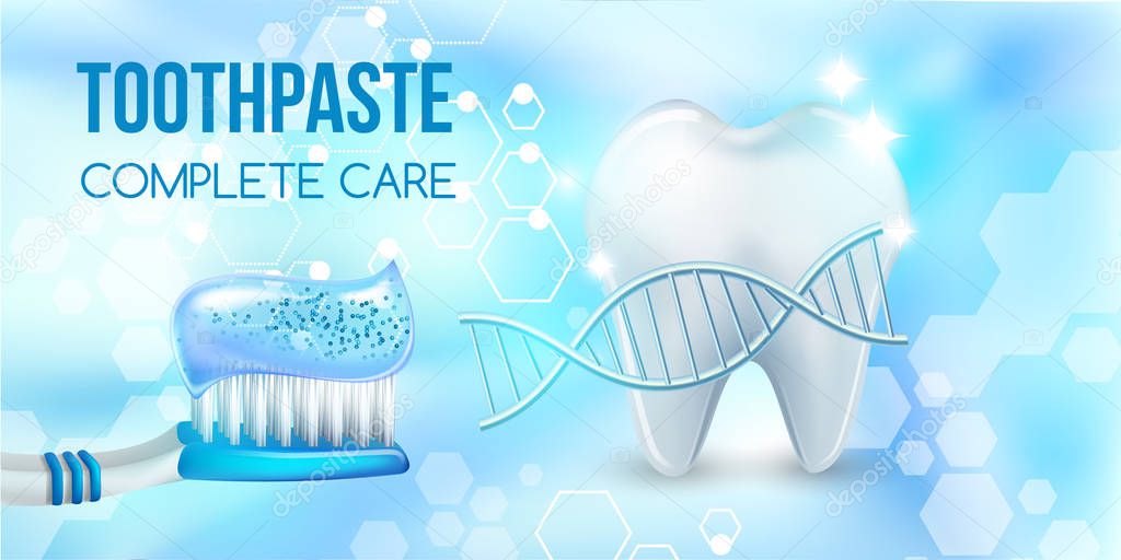 Dental concept .Healthy Tooth.Oral health ads.Blue plastic toothbrush with toothpaste.3D, realistic,dna structure, Dental design element for advertising, brochures and educational literature