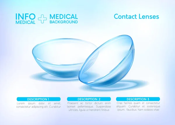 Modelo de lentes de contato.Transparente. olhar de perto para a lente de contato. fundo infográficos médicos. vetor 3d — Vetor de Stock