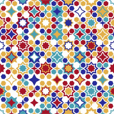 Renkli İslami süs Arka plan. Mozaik İslami süs renkli detay. arapça, doğu süs, hint süs, farsça motif, 3d. Ramazan Kareem altın tebrik kartı, afiş