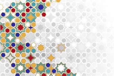 Renkli Arapça süs Arka Plan. Mozaik İslami süs renkli detay. arapça, doğu, hint süs, farsça motif, 3d. basit geometrik. Ramazan Kareem altın tebrik kartı, afiş.