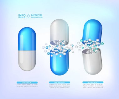 kapsül bilgi grafiği. Ağrı kesiciler, antibiyotikler, vitaminler, amino asitler, mineraller, biyo aktif katkı, spor beslenme. İlaç ikonları. Mavi arka plan üzerine tıbbi illüstrasyon.