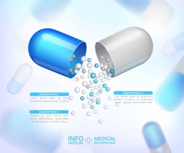 kapsül bilgi grafiği. Ağrı kesiciler, antibiyotikler, vitaminler, amino asitler, mineraller, biyo aktif katkı, spor beslenme. İlaç ikonları. Mavi arka plan üzerine tıbbi illüstrasyon.