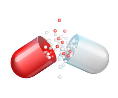 kapsül bilgi grafiği. Ağrı kesiciler, antibiyotikler, vitaminler, amino asitler, mineraller, biyo aktif katkı, spor beslenme. İlaç ikonları. Mavi arka plan üzerine tıbbi illüstrasyon.