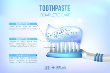 Diş konsepti infografik. Diş macunu ile Mavi plastik diş fırçası.3d, gerçekçi, reklam için Diş tasarım elemanı, broşürler, afiş ve eğitim literatürü, vektör