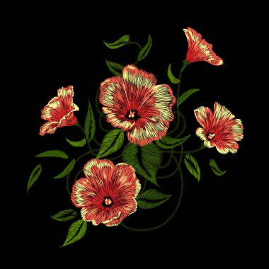 Nakış etnik çiçekler, çizgi, moda, giyen.tasarım için siyah arka plan üzerinde geleneksel halk çiçekleri buket.