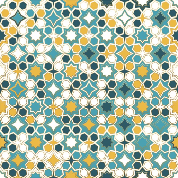 Islámský okrasné pozadí barevně. Islámský zdobně pestrý detail mozaiky. Arabština, východní ozdoba, indická ozdoba, perské motivy, 3D. Ramadan Kareem zlatá pohlednice, nápis — Stockový vektor