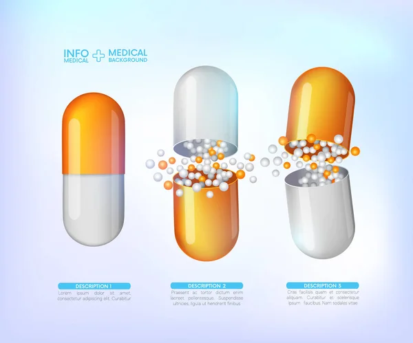 kapsül bilgi grafiği. Ağrı kesiciler, antibiyotikler, vitaminler, amino asitler, mineraller, biyo aktif katkı, spor beslenme. İlaç ikonları. Mavi arka plan üzerine tıbbi illüstrasyon.