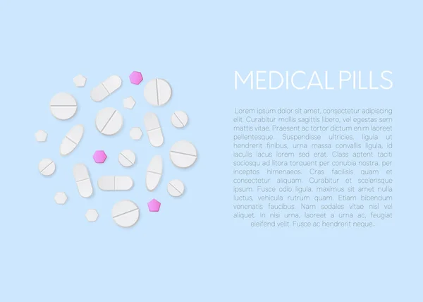 Verschiedene Vektor-Pillen und Tabletten isoliert auf weißem Hintergrund. weiße Pille und Tabletten, Medikamente isoliert. Drogenhaufen. medizinischer Hintergrund. flacher Stil. — Stockvektor