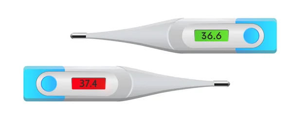 Realistisk medicinsk termometer. ikon och symbol för medicin. Medicinsk illustration på blå bakgrund. — Stock vektor