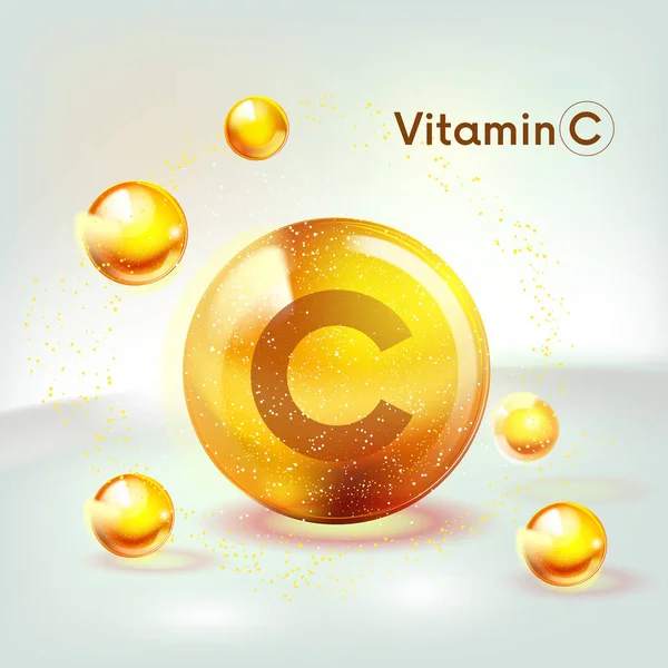 Icône brillante en or de vitamine C. Acide ascorbique. Brillante chute de substance dorée. Nutrition soin de la peau. Vecteur . — Image vectorielle