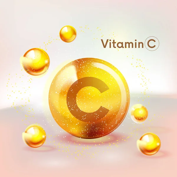 C vitamini altın parlayan simgesi. Askorbik asit. Parlayan altın madde damlası. Beslenme cilt bakımı. Vektör.