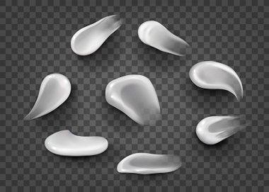 Bir dizi özel efekt. Boş Vuruşlar. Boş sıvı. Farklı şekil ve boyutlarda cilt için şeffaf arkaplanda izole edilmiş kozmetik beyaz krem. Lekeler beyazdır. Kapatıcı, krema darbeleri. Vektör