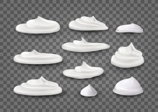 Gerçekçi Cream Set. 3 boyutlu özel efektler. Farklı şekil ve boyutlarda cilt için kozmetik beyaz krem. Şeffaf arkaplanda izole edilmiş.