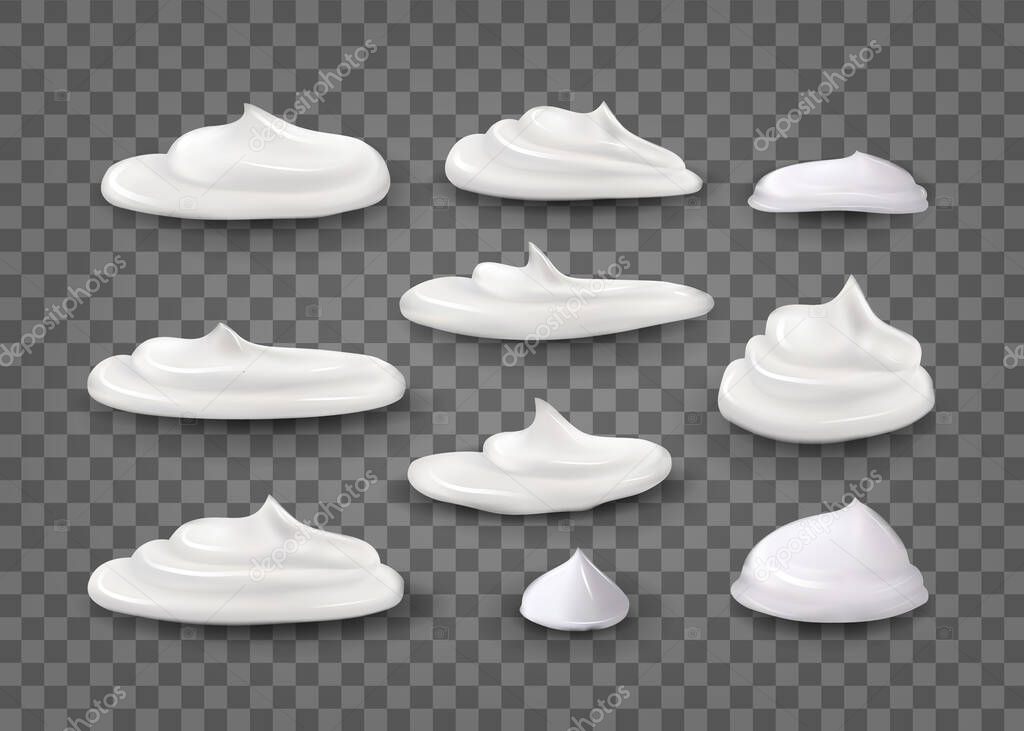 Realistic Cream Set. Set of special 3d effects.cosmetic white cream for skin of different shapes and sizes Isolated On transparent Background.Vector