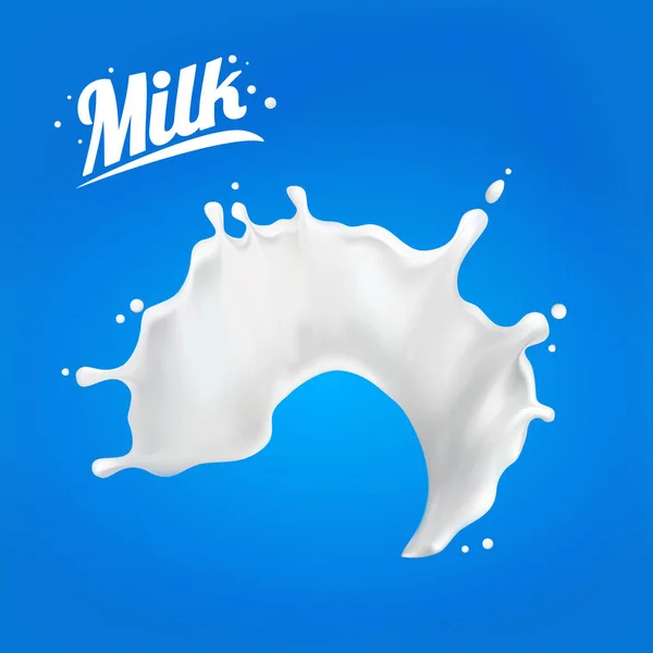 Milk splash 3D.Resumo gota de leite realista com salpicos isolados em fundo azul.element para publicidade, design de pacotes. vetor — Vetor de Stock