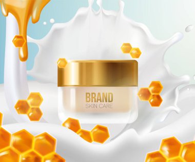 Süt lekeli krema ve bal peteği. Arka plan kavramı cilt bakım kozmetiği. Konteynır modeli, kozmetik şişe paketi, banka, 3D yapraklar havada uçuşuyor. Parlak bir zemin.