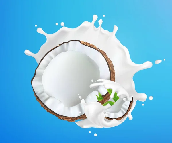 Kokosnuss und Milch spritzen. Obst und Joghurt. Realistische Illustration. 3D-Vektor-Symbol.Isoliert auf blauem Hintergrund. Element für Werbung, Verpackungsdesign. Vektor — Stockvektor