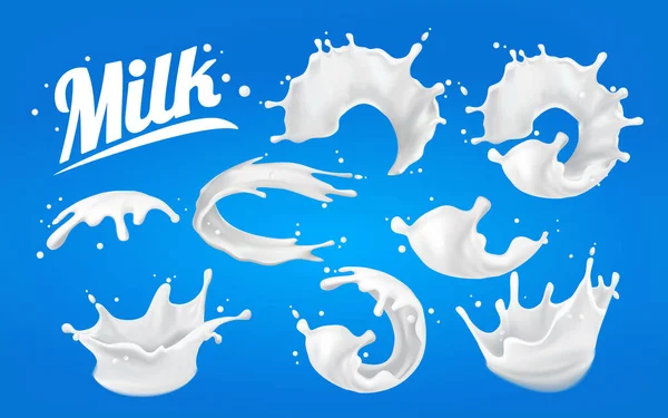 Süt serpme seti. Benekler 3D soyut gerçekçi süt damlası mavi arka planda izole edilmiş. Reklam için unsur, paket tasarımı. vektör