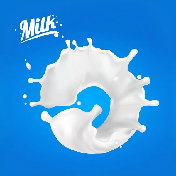 Salpicadura de leche 3D.Abstract gota de leche realista con salpicaduras aisladas en fondo azul.element para publicidad, diseño de paquetes. vector — Vector de stock