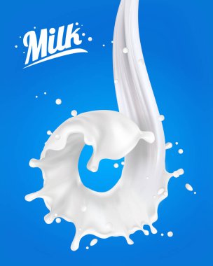 Gerçekçi 3d Milk Spiral Jet. Mavi arka planda izole edilmiş su sıçramaları olan soyut süt damlası. Reklam için element, paket tasarımı. vektör