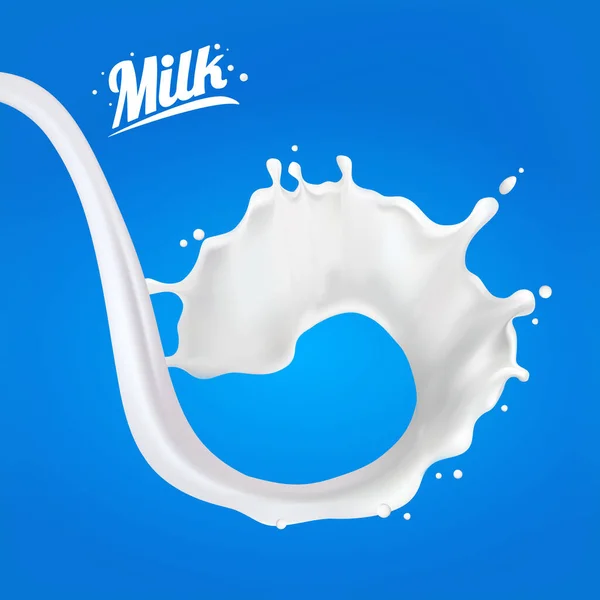 Realistische 3d Milk Spiral Jet. Abstracte melkdruppel met spatten geïsoleerd op blauwe achtergrond.element voor reclame, pakket ontwerp. vector — Stockvector