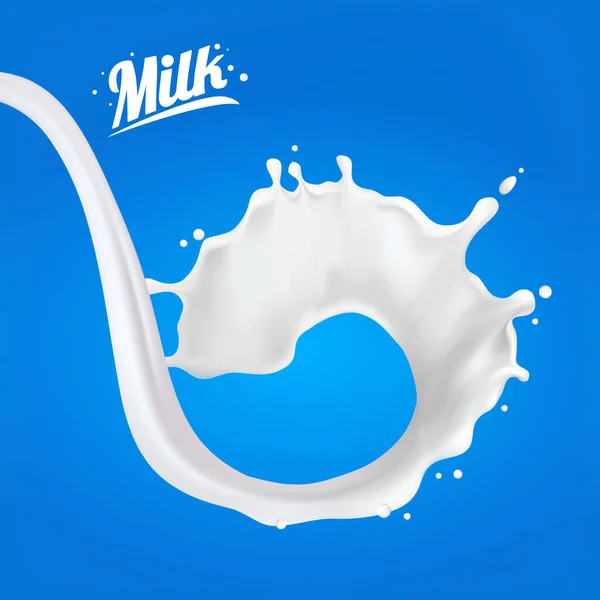 Gerçekçi 3d Milk Spiral Jet. Mavi arka planda izole edilmiş su sıçramaları olan soyut süt damlası. Reklam için element, paket tasarımı. vektör