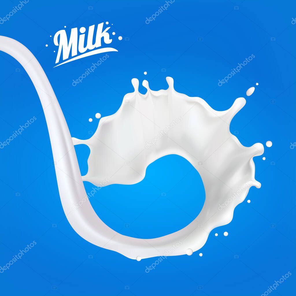 Realistic 3d Milk Spiral Jet. Abstract milk drop with splashes isolated on blue background.element for advertising, package design. vector