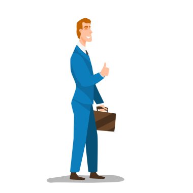 Gülümseyen işadamı başparmağını kaldırdı. Düz biçim renk modern vektör