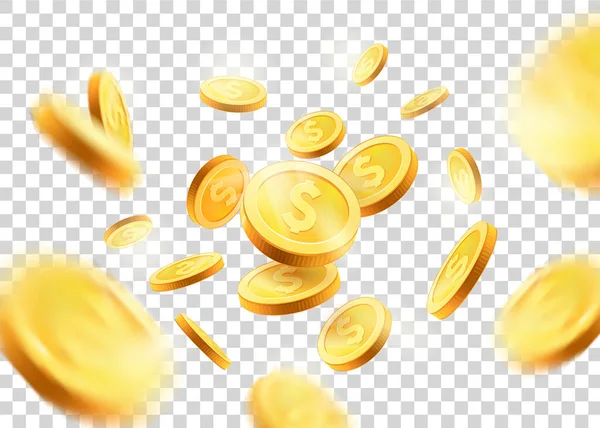 Explosión realista de monedas de oro. Aislado sobre fondo transparente.monedas de oro cayendo 3d, icono con sombras — Vector de stock