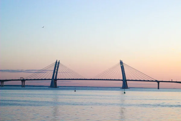 Bridge Bay Suspension Bridge Bridge Evening Sunset Urban Landscape Metal — Stock Photo, Image