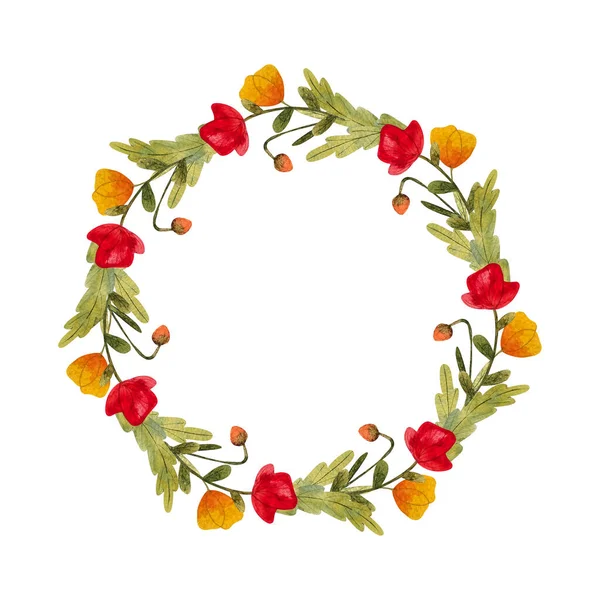 Akwarela Czerwony Żółty Dzikie Kwiaty Wieńca Ręcznie Malowany Kwiatowy Ilustracja — Zdjęcie stockowe