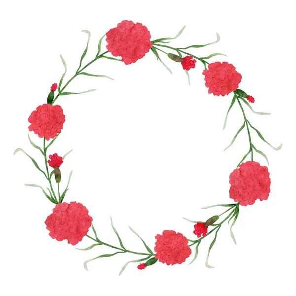 Akwarela Czerwony Goździk Kwiaty Ilustracja Ręcznie Malowany Wieniec Kwiatowy Maja — Zdjęcie stockowe
