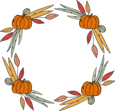 Vektör illüstrasyon karalama çelengi Cadılar Bayramı tatili beyaz arka planda geleneksel renkli elementler - balkabağı, yapraklar.