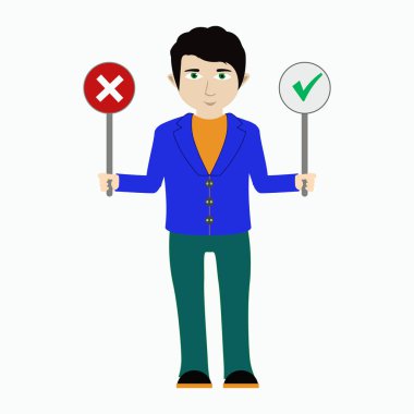 Evet ve Hayır belirtileri ile bir adam vektör çizim. Beyaz bir arka plan üzerinde.