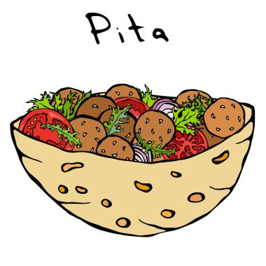 Falafel Pita ya da Köfte Salatası. Arap İsrail Sağlıklı Fast Food Fırını. Yahudi sokak yemekleri. Gerçekçi El Çizimi Çizimi. Savoyar Doodle Biçimi