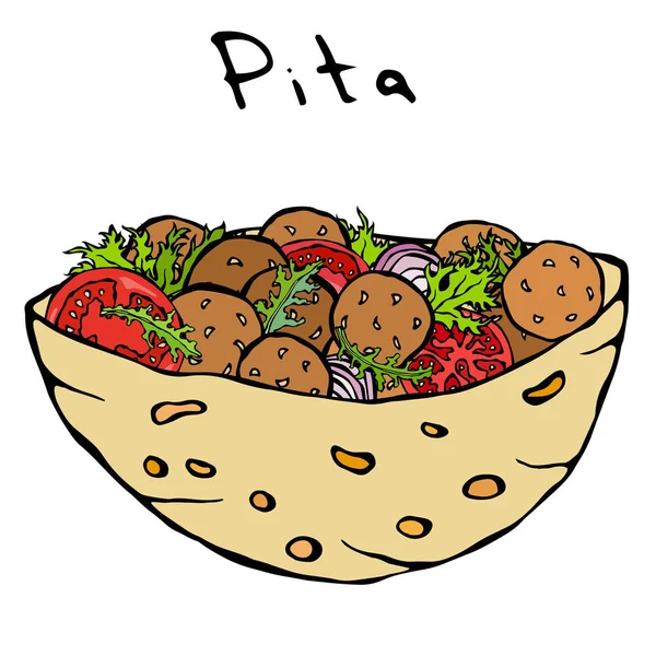 Falafel Pitát Vagy Húsgombóc Salátát Zsebkenyérben Arab Izrael Egészséges Gyorsétterem — Stock Vector