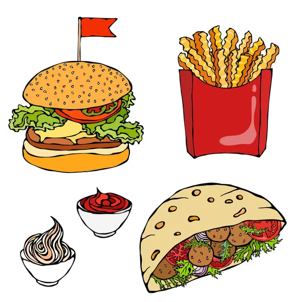 Burger French Fries Ketchup Falafel Pita Salade Viande Pain Poche — Image vectorielle