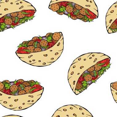 Falafel Pita ya da Köfteli Salata 'lı kusursuz bir patern. Arap İsrail Sağlıklı Fast Food Fırını. Yahudi sokak yemekleri. Gerçekçi El Çizimi Çizimi. Savoyar Doodle Biçimi