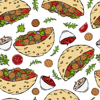 Falafel Pita ya da Köfteli Salata 'lı kusursuz bir patern. Arap İsrail Sağlıklı Fast Food Fırını. Yahudi sokak yemekleri. Gerçekçi El Çizimi Çizimi. Savoyar Doodle Biçimi